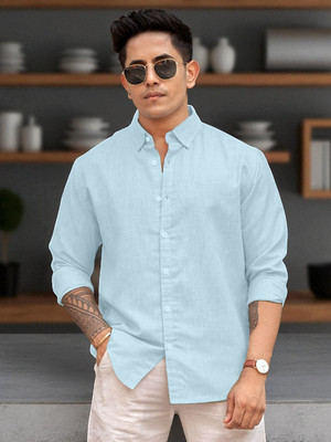 Yanthhi Men Solid Casual Light Blue Shirt