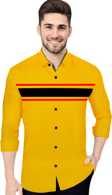 Plum Crazy Men Striped Casual Yellow Shirt
