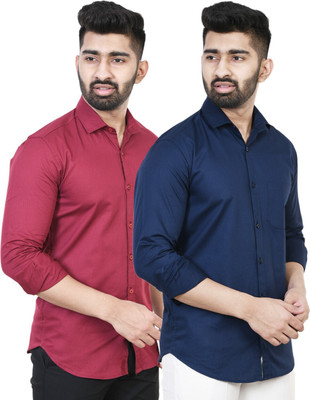 Feel high Men Solid Casual Dark Blue, Maroon Shirt(Pack of 2)