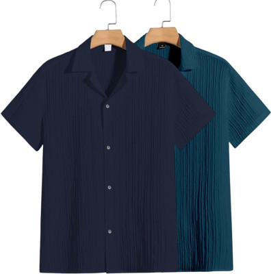PRAIZY Men Self Design Casual Dark Blue, Green Shirt(Pack of 2)