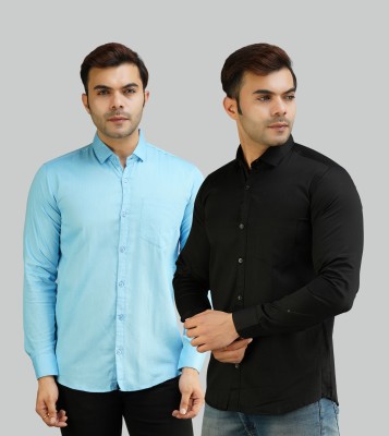 youth first Men Solid Casual Black, Light Blue Shirt(Pack of 2)