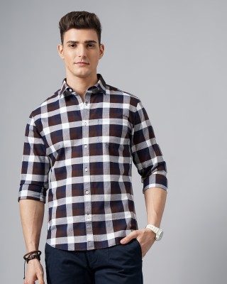 British Club Men Checkered Casual White, Brown Shirt