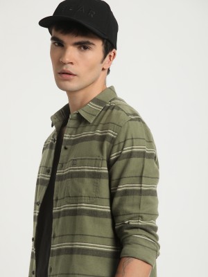 THE BEAR HOUSE Men Striped Casual Green, Brown, White Shirt