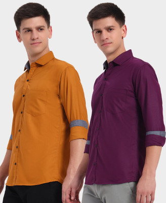 IMPRESIO Men Solid Casual Yellow, Purple Shirt(Pack of 2)
