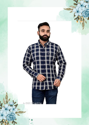 Arthz Fashion Trend Men Checkered Casual Dark Blue, White Shirt