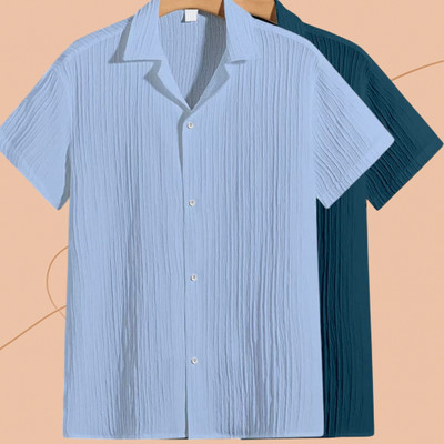 Looksky Men Self Design Casual Light Blue, Blue Shirt(Pack of 2)