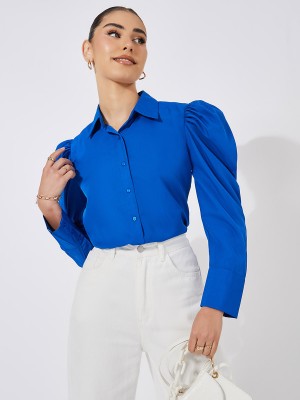 Styli Women Solid Formal Blue Shirt