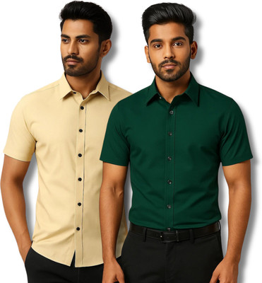 RAREMARK Men Solid Formal Beige, Green Shirt(Pack of 2)