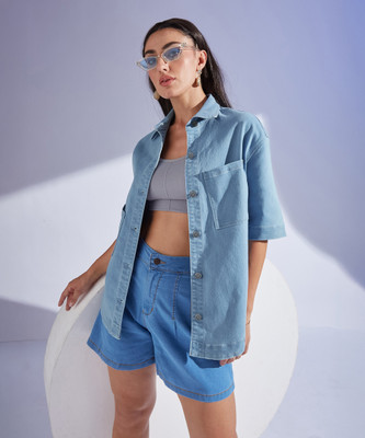 Miss Chase Women Solid Casual Blue Shirt