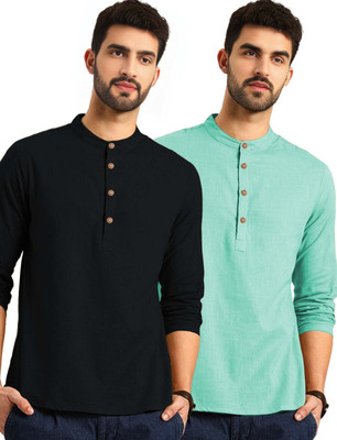 Navkanj Men Solid Asymmetric Kurta(Light Blue)