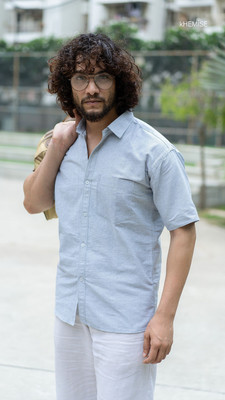 KHEMISE Men Striped Casual Grey Shirt