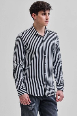 Snitch Men Striped Casual Black Shirt