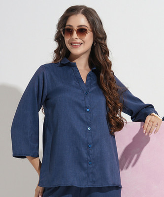 FashFun Women Striped Formal Blue Shirt