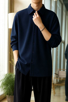 rocefas Men Self Design Casual Dark Blue Shirt