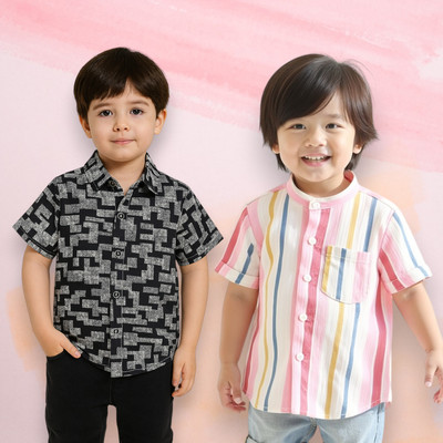 PRAMUKH FASHION HUB Boys Printed Casual Black Shirt(Pack of 2)