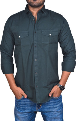 river green Men Solid Casual Dark Green Shirt