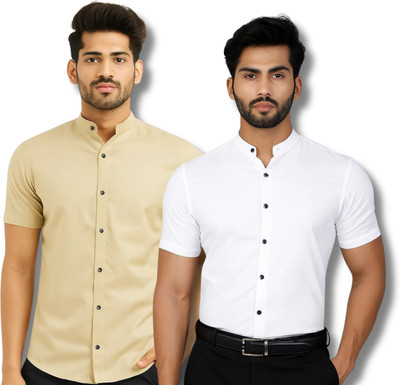 RANGFIT Men Solid Casual Beige, White Shirt(Pack of 2)