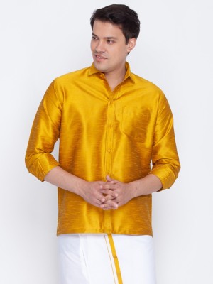 VASTRAMAY Men Self Design Party Yellow Shirt