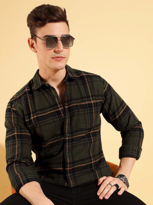 HERE&NOW Men Checkered Casual Green Shirt