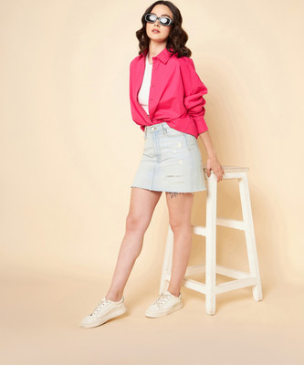 High Star Women Solid Casual Pink Shirt