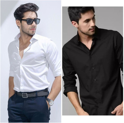 Lipsaa Men Solid Casual Black, White Shirt(Pack of 2)
