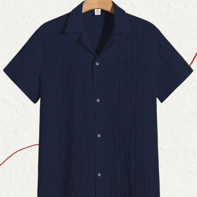 A DEEMOON Men Self Design Casual Dark Blue Shirt