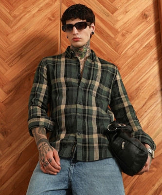 CAMPUS SUTRA Men Checkered Casual Dark Green Shirt