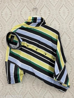 QUQZAKA Men Striped Casual Yellow, Green Shirt