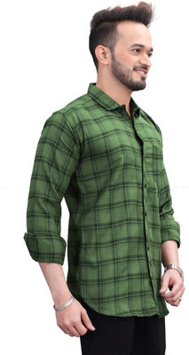 DEELMO Men Checkered Casual Green Shirt