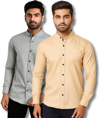 GOD HEART Men Solid Casual Grey, Orange Shirt(Pack of 2)