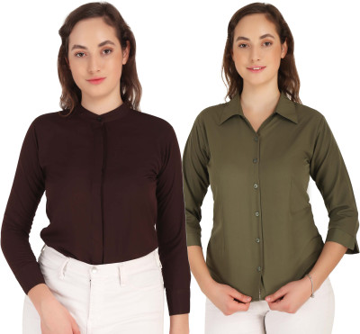 Hunoor Women Solid Formal Dark Green, Brown Shirt(Pack of 2)