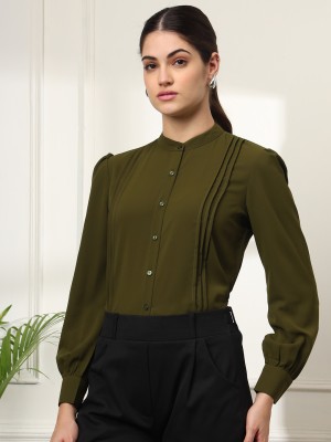 fithub Women Self Design Formal Dark Green Shirt