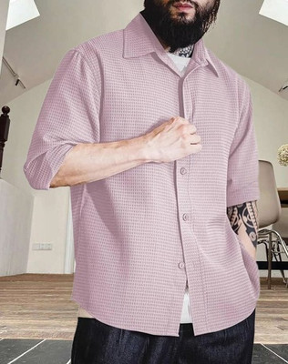 Black Deer Men Self Design Casual Pink Shirt