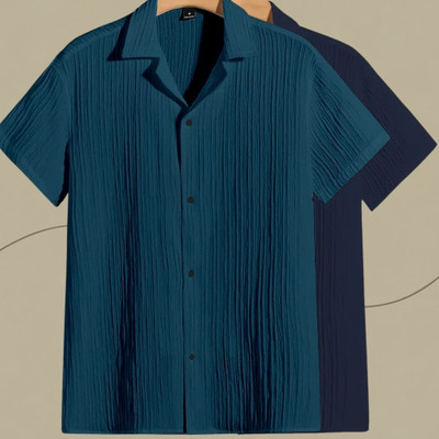 Looksky Men Striped, Self Design, Solid Casual Blue, Dark Blue Shirt(Pack of 2)