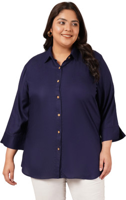 VINAAN Women Solid Casual Dark Blue Shirt