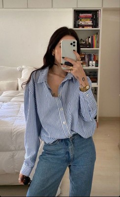 Femibazaar Women Striped Casual Blue Shirt