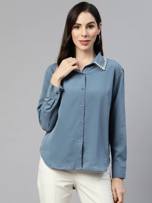 PLUSS Women Solid Casual Blue Shirt