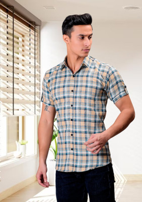 BASE 41 Men Checkered Casual Beige Shirt