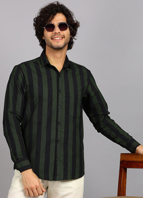 RODEIZ Men Striped Casual Black, Green Shirt