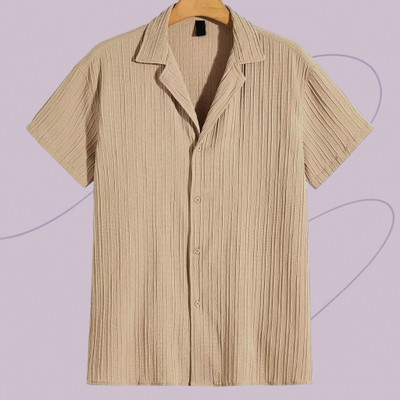 A DEEMOON TREND Men Self Design Casual Beige Shirt