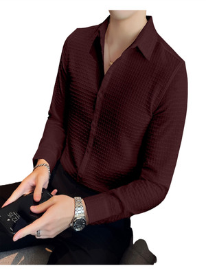 KHANJAN FASHION Men Self Design Formal Maroon Shirt
