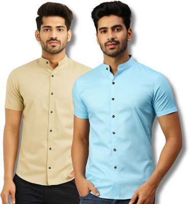 ModeNex Men Solid Casual Beige, Light Blue Shirt(Pack of 2)