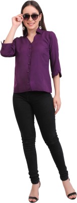 TishiMishu Women Solid Casual Purple Shirt