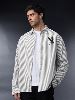 The Souled Store Men Striped Casual White, Grey Shirt