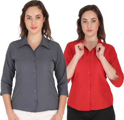Giggles Women Solid Casual Red, Grey Shirt(Pack of 2)
