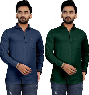 UDANI ENTERPRISES Men Solid Casual Green, Blue Shirt(Pack of 2)