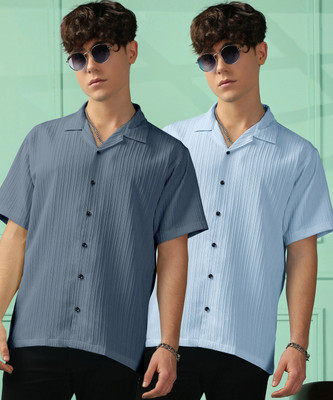 Looksky Men Self Design Casual Light Blue Shirt(Pack of 2)