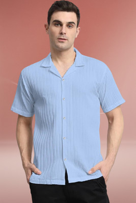 A DEEMOON TREND Men Self Design Casual Light Blue Shirt