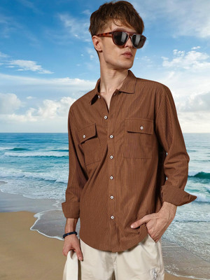 MAA UMA Men Self Design, Striped Casual Brown Shirt