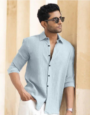 COOL BOY Men Self Design Casual Light Blue Shirt